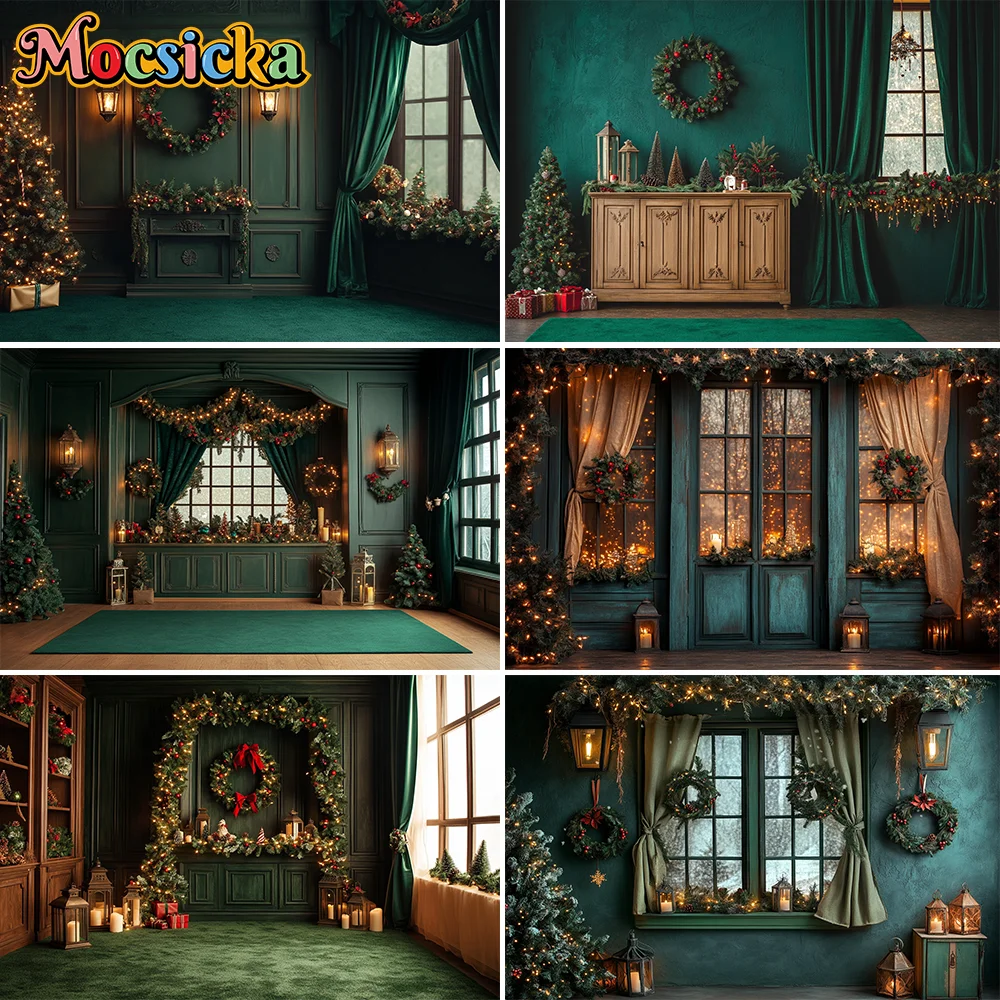 

Mocsicka Photography Background Winter Christmas Green Window Curtain Xmas Tree Kids Family Portrait Decor Backdrop Photo Studio