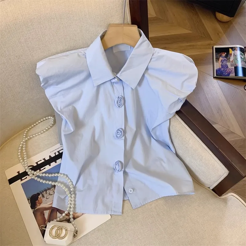 

Summer Korean Polo Collar Rose Button Shirt Women's 2024 High Quality Blue Flying Sleeve Loose French Commuter Top Trendy