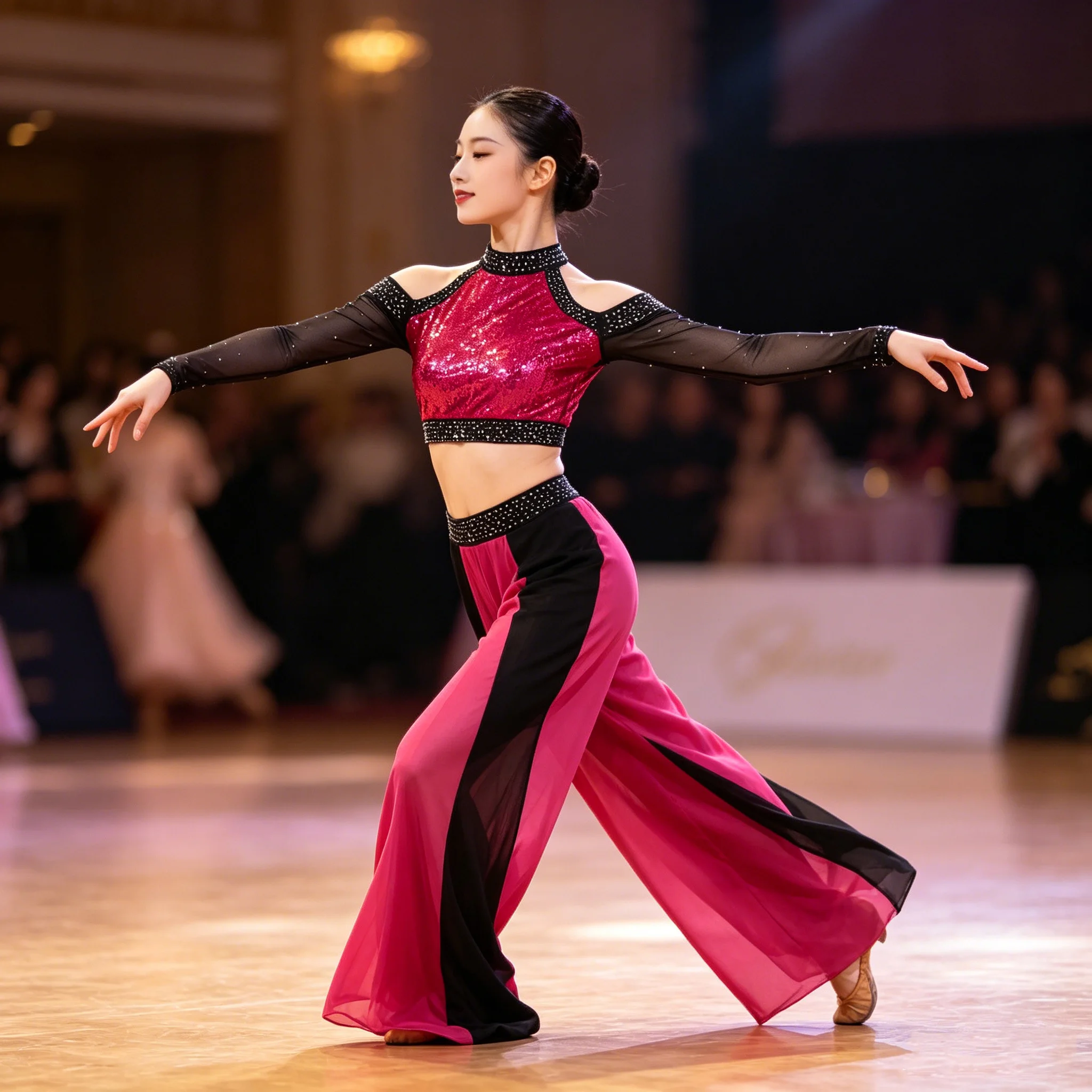 

Women Sheer Mesh Lyrical Dance Figure Skating Performance Outfits Cold Shoulder Long Sleeve Sequin Top And Split Wide Leg Pants