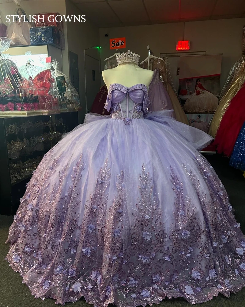 Vestido de baile roxo com flores 3D, vestidos Quinceanera, apliques frisados, vestido de luxo de aniversário, vestido formal em camadas, 2024