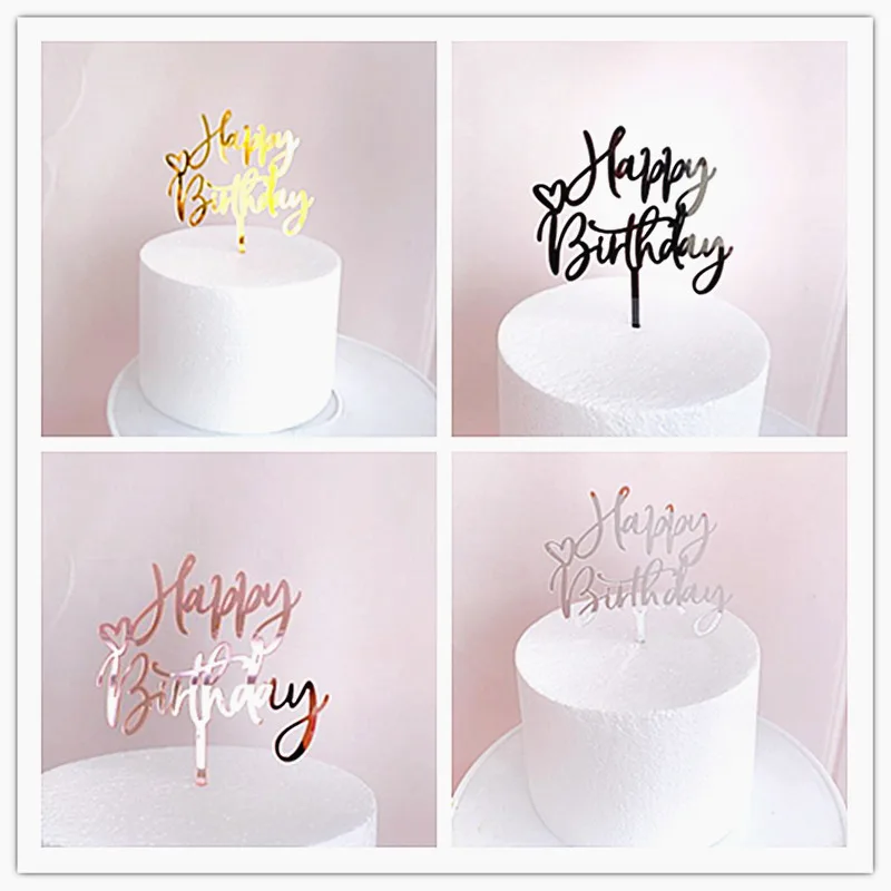 Gold Love Happy Birthday Cake Topper High-grade Acrylic Kids Party Cake Toppers Decoration for Baby Shower Gift Baking Supplies
