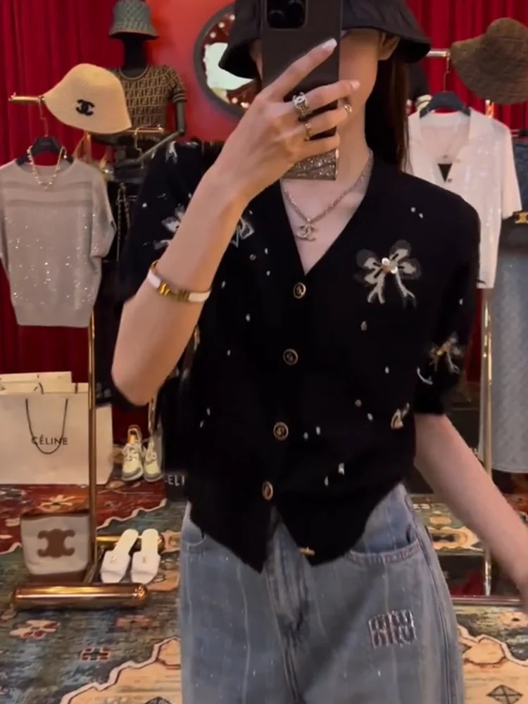 

Летний женский вязаный кардиган оверсайз 2025 года с круглым вырезом, узлом и прямым кроем с завышенной талией