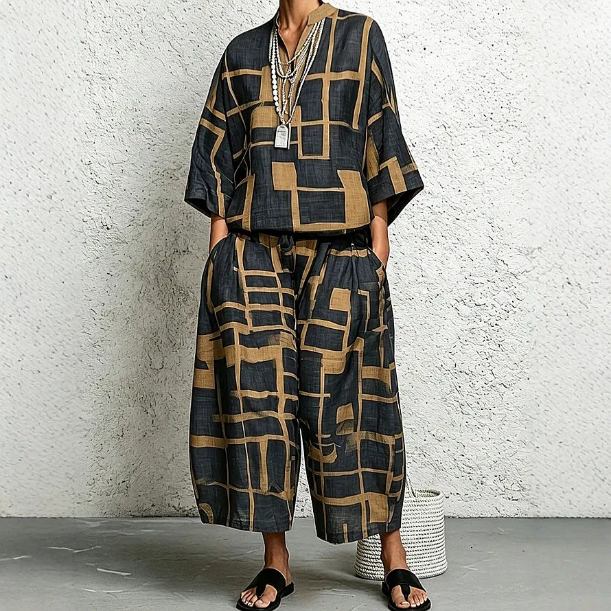 Retro Cotton Linen Printed V Neck Blouse Top Wide Leg Pants Matching Sets Jumpsuit Playsuit Summer