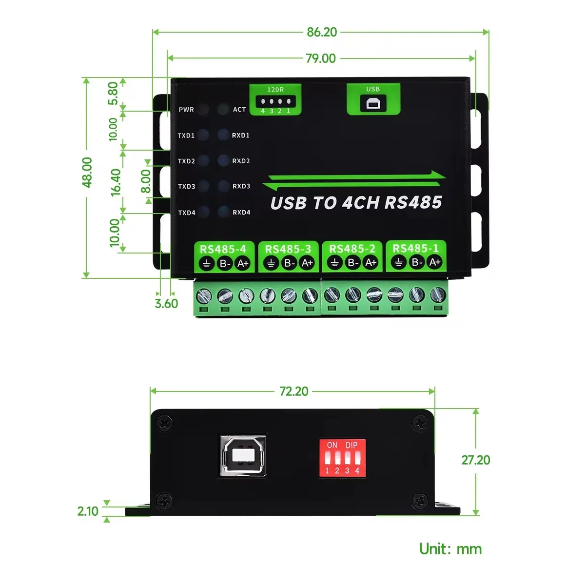 Módulo Conversor De Comunicação Serial Universal, USB para 4CH, RS485 Industrial Grade