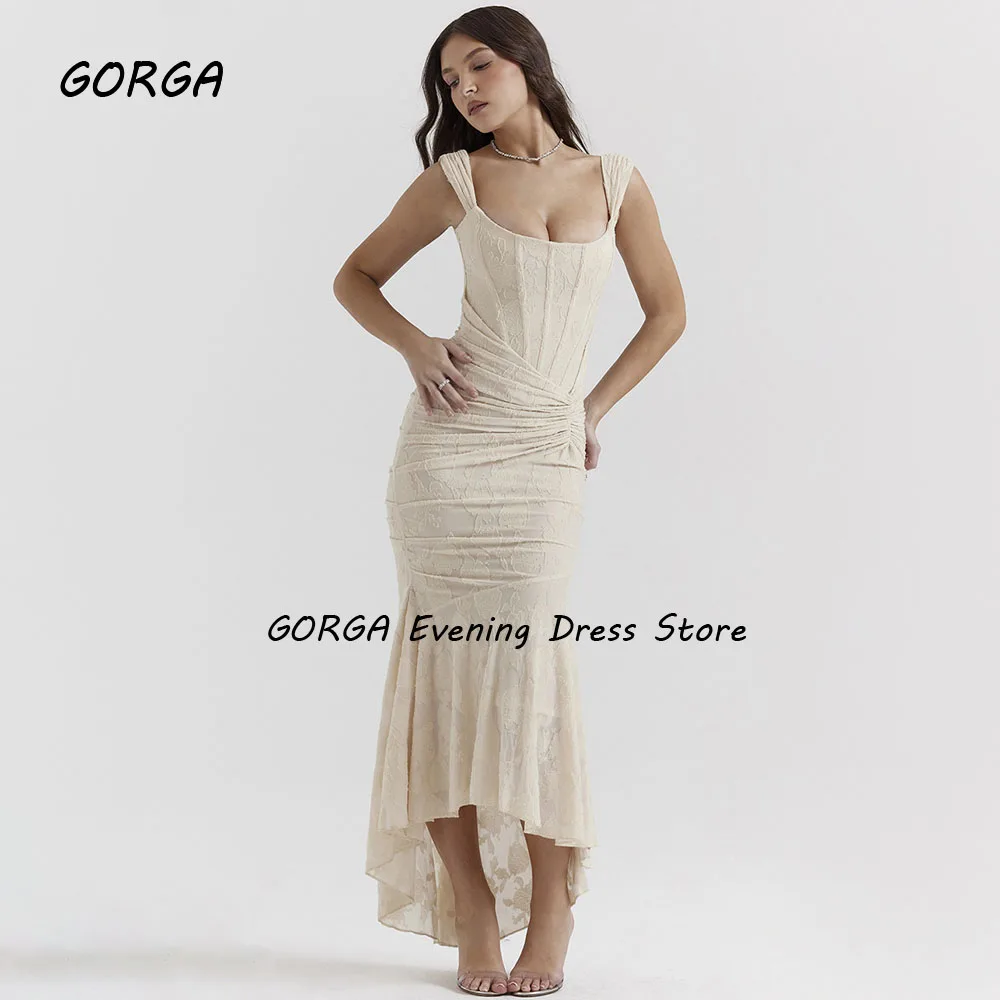 GORGA-O-Neck Lace Sereia Vestido, Tornozelo-Comprimento Prom Vestidos, Sem Costas, Spaghetti Strap, Noiva, Casamento, Photo Shoot, Simples