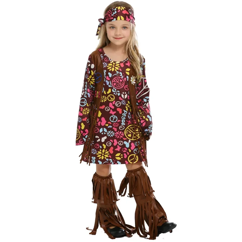 Kids 1960s Indian Tassels Cosplay Costumes Set Child Girls Peace Love Hippie Party Stage Performance Halloween Dress Up Outfits