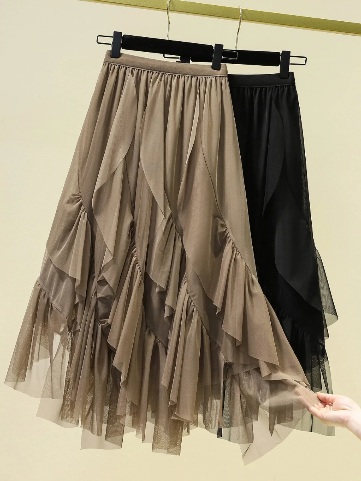 

Юбка А-силуэта больших размеров с высокой талией, асимметричная, из сетки, в корейском стиле, для повседневной носки, женская миди-юбка, летняя мода, большие размеры