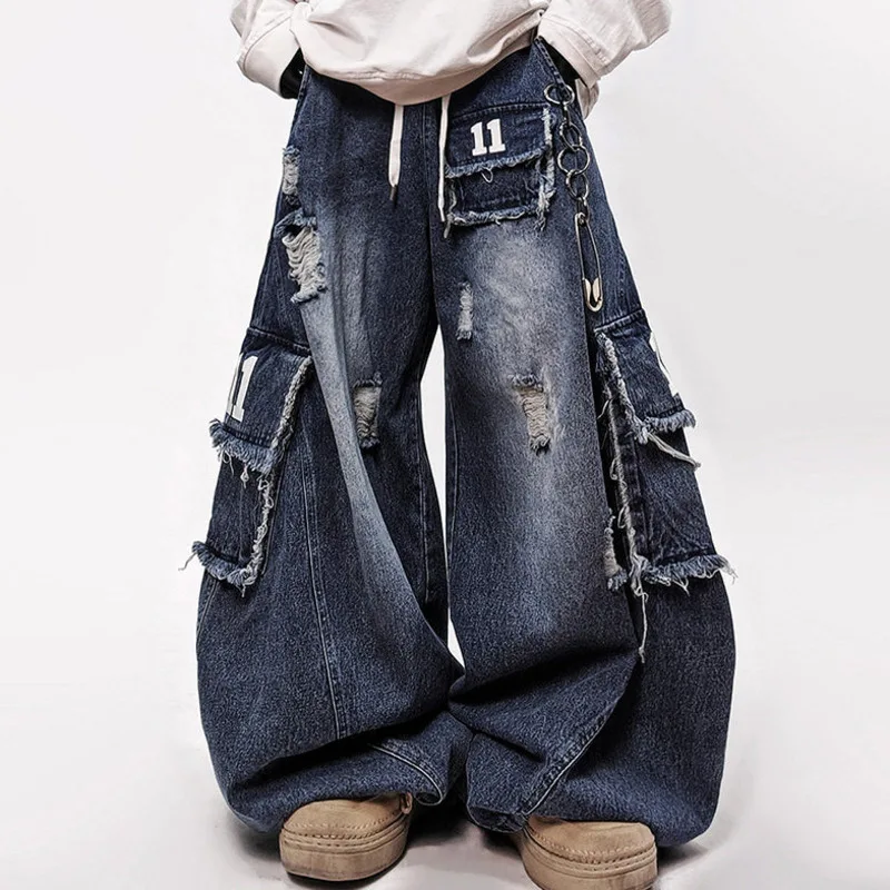 HKSH Spring Autumn New Men Hip Hop Trendy Ripped Letter Multi-pocket Cargo Pants American Retro Loose Ins Wide-Leg Jeans HK18629