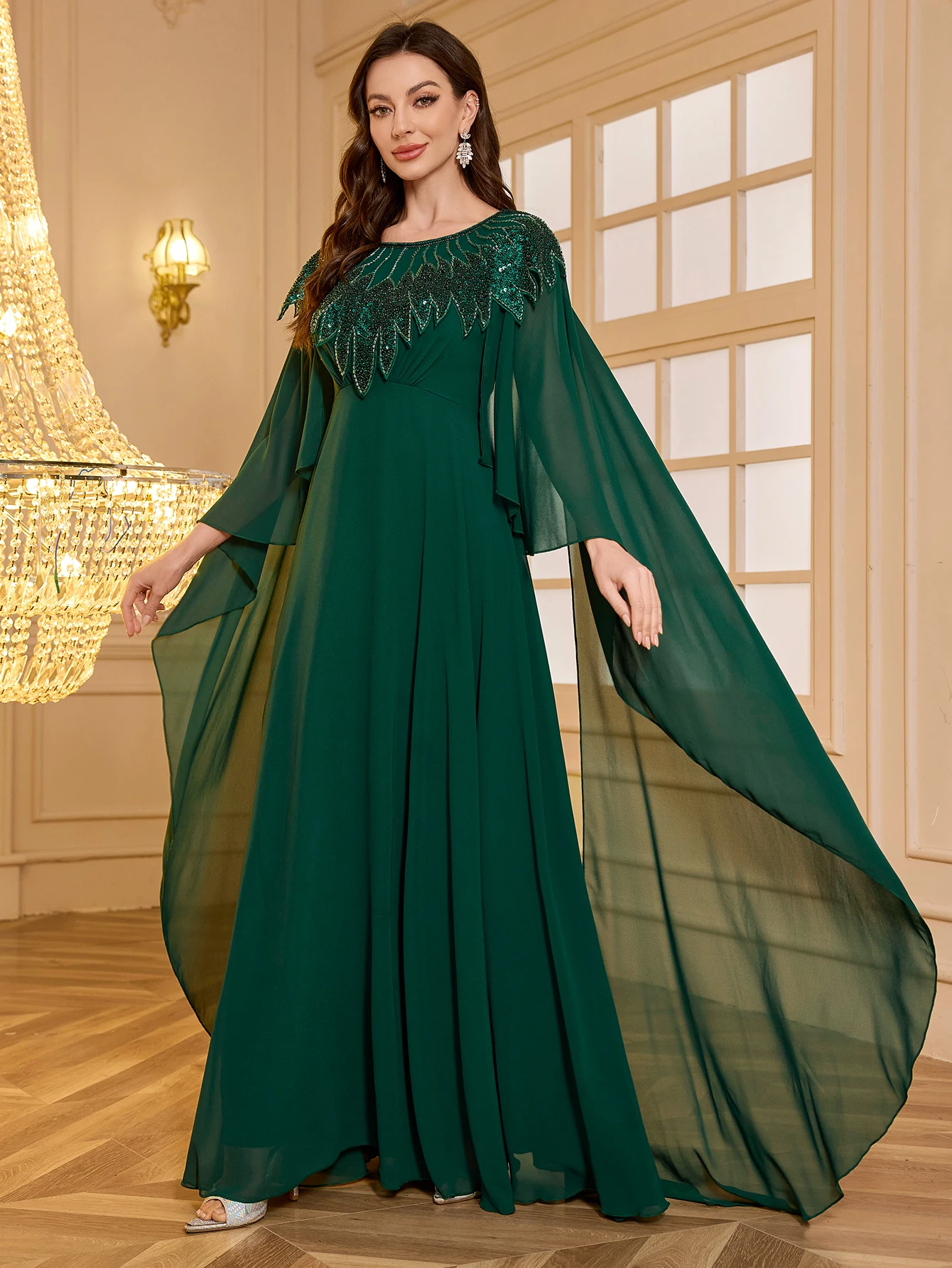 UNITHORSE فستان سهرة شيفون بأكمام طويلة مطرز بالخرز مقاس صغير للنساء، فستان أنيق للحفلات #4