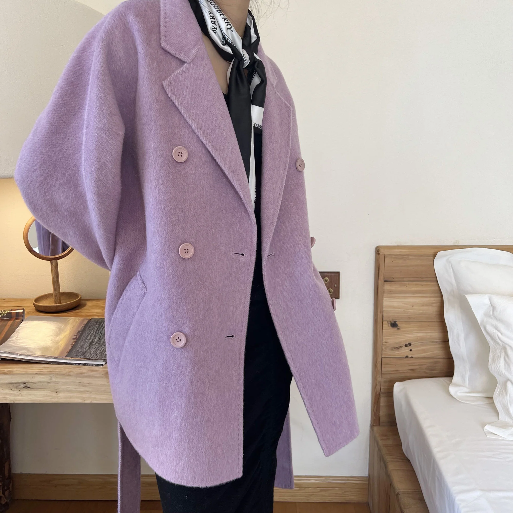 2023 Htbtpremium Double Sided Fleece Coat with Silkworm Silk Showing White Purple Small Versatile Wool Coat