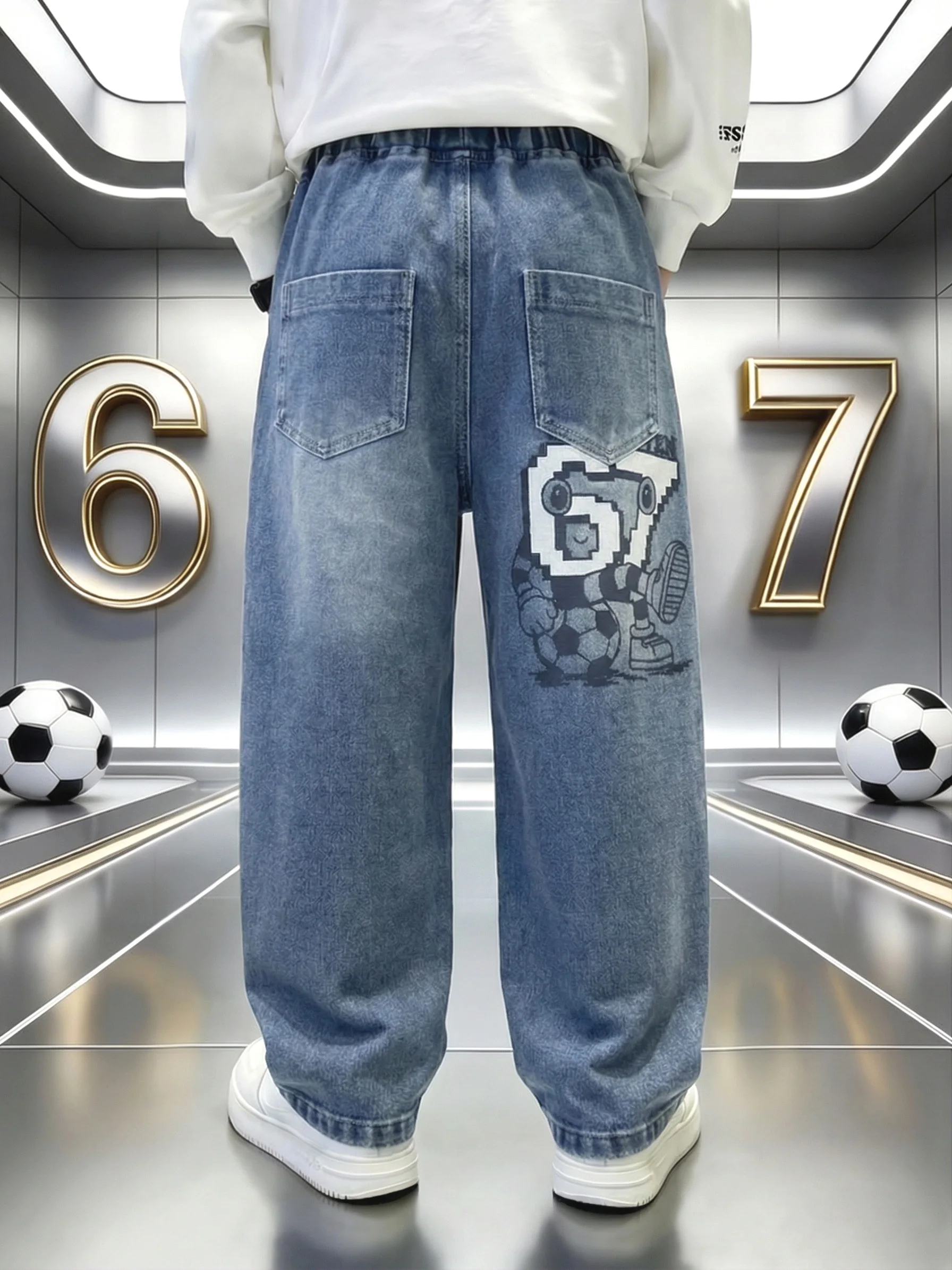 Original-Jeans für Jungen, trendige, gewaschene Denim-Hosen, Jungen-Cartoon-Druck mit der Nummer „67“, locker sitzende lange Hosen für Kinder – Detail 5