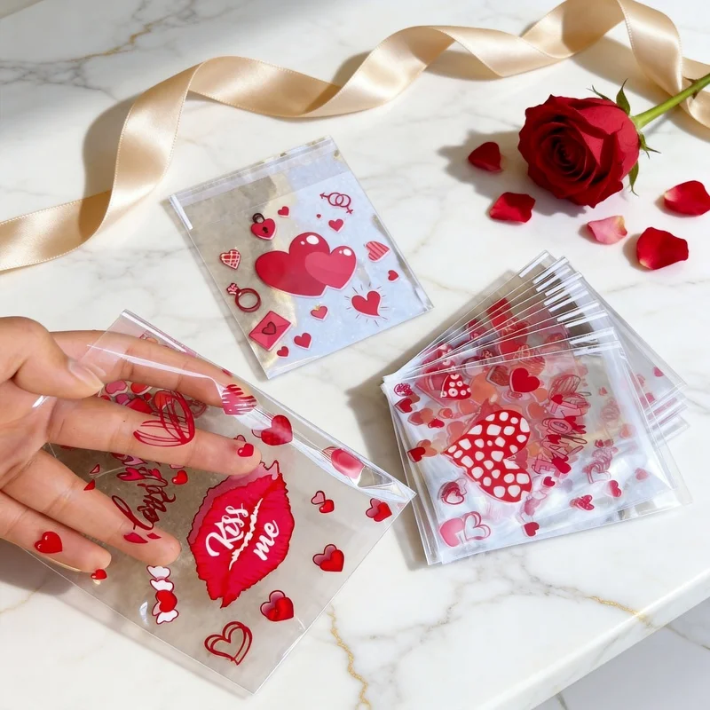 100pcs Red Heart Kiss Me Print OPP Self Adhesive Bags, Valentine Wedding Party Gift Packaging Pouches for Couple Lovers