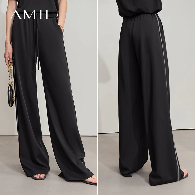 Amii Loose Casual Pants Solid Color Straight 2025 Summer Office Lady Draped Pockets Draped Slim Tie Webbing Trousers 12542178