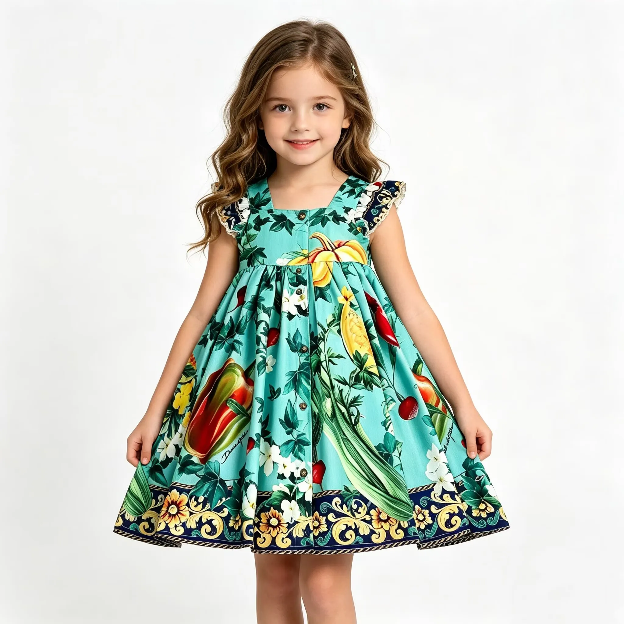 High end children's clothing 2024 Summer New Girls' Flying Sleeve Dress flower Print Children's Dress