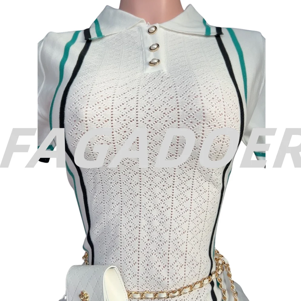 FAGADOER Casual Knit Mini Dress Women Fashion White Buttons Stripe Ruffle Patchwork Bodycon Dresses Female Vestidos 2025 New