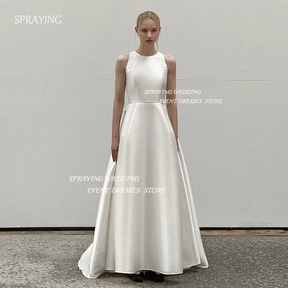 SPRAYING Elegant Ivory Satin Wedding Dress Korea Photo Shoot O Neck Sleeveless Bridal Gowns Long Corset 웨딩드레스 Customized 2025