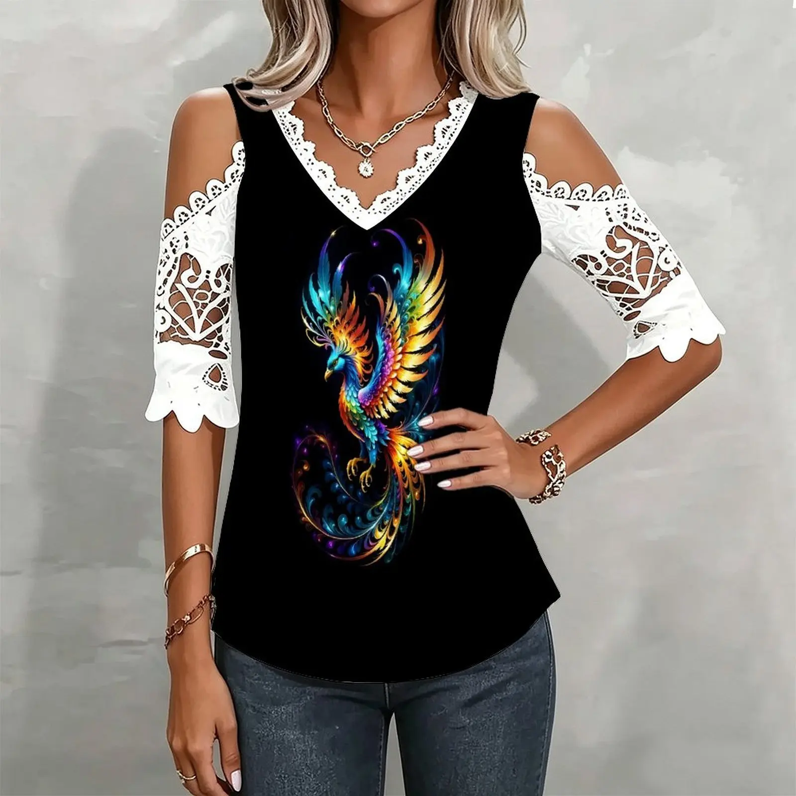 Fashion Casual Ladies V‑neck Cold Shoulder 3/4 Sleeve T‑shirt Spring Retro Slim Style Beach Vacation Everyday Top
