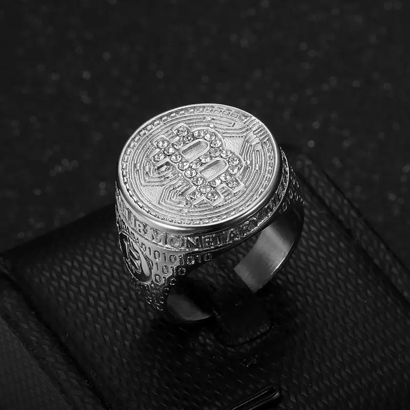 Never Fade Stainless Steel Bitcoin Round Rings for Men HIP Hop Bling Iced Out Rapper Jewelry Size 7-13 Drop Shipping