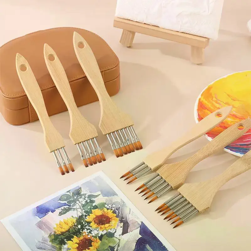 Round/Flat Multi-Tooth Comb Brush Nylon Wool Bamboo Handle Watercolor Brush Painting Supplies Art Stationery Acrylic Paint Brush