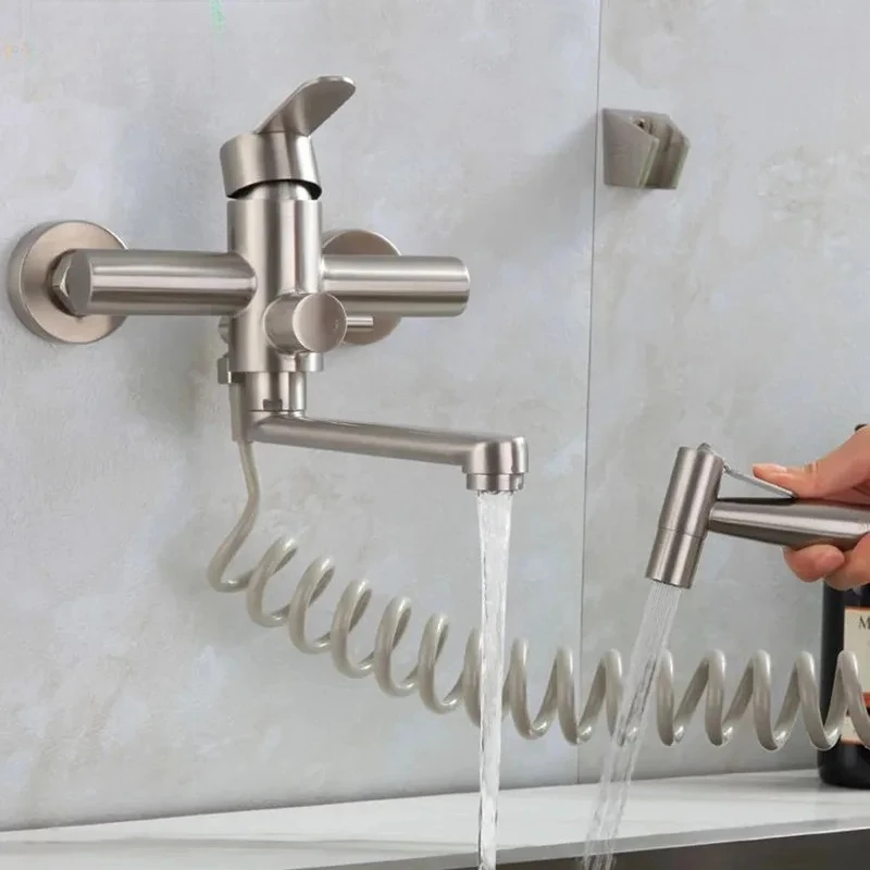 

Cross Border Kitchen Stainless Steel Brushed Into Wall Extended Spout Faucet Bathroom Mixing Valve Set