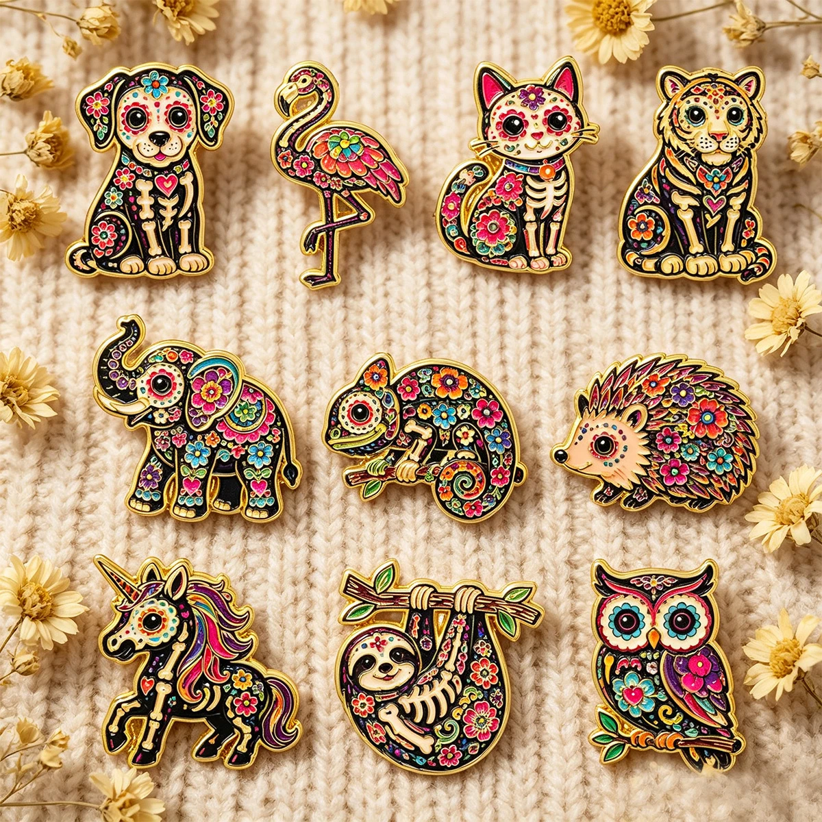 10 Stück/Set Day Of The Dead Skelett Emaille-Pin Blumen-Katzen-Tiger-Brosche Rucksäcke Tasche Kragen Revers Dekoration Schmuck Geschenk für Freunde – Detail 5