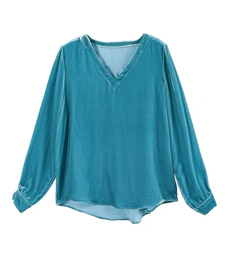 

Повседневная женская бархатная блузка 4XL 5XL, корейская женская одежда больших размеров, весна-осень, женские велюровые рубашки с v-образным вырезом, черные, фиолетовые, топы