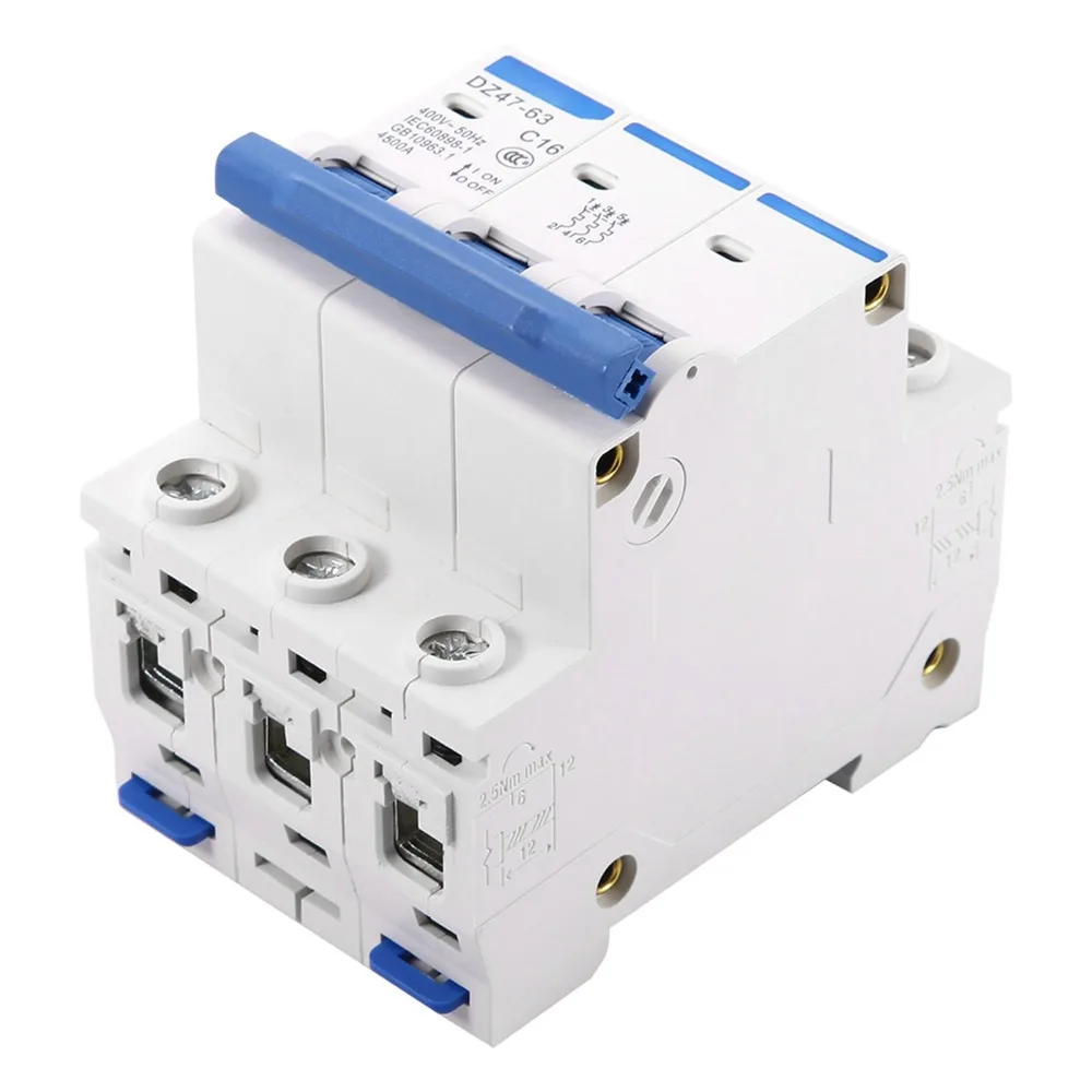 DZ47-63 3P Miniature Circuit Breaker 16A 35mm DIN Rail Mini Circuit Breaker AC 400V 400V Mini Circuit Breaker Electrical Safety