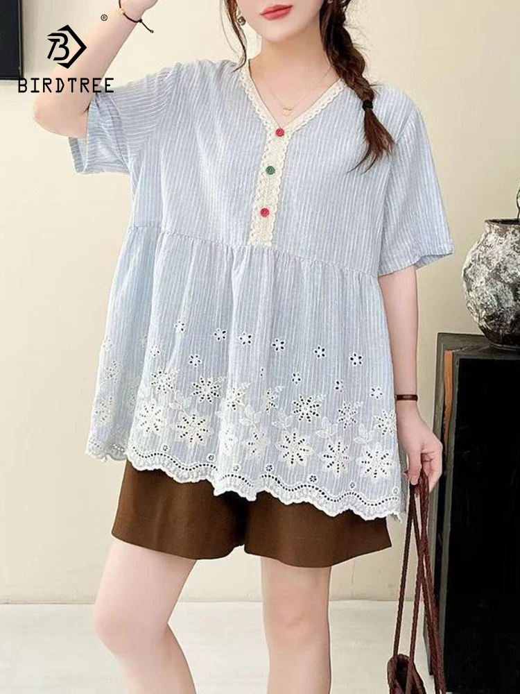

New 2026 Summer Women Cotton Short Sleeve Shirt, V Neck Embroidery Striped, Mori Girl Fashion Preppy Style Loose Blouse T64518CC