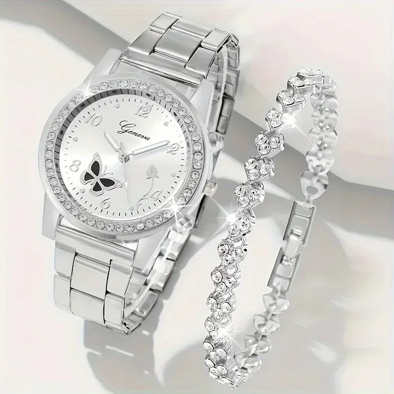 2pcs/set Women's Elegant Butterfly Quartz Watch Analog Shiny Rhinestone Wrist Watch & Bracelet, Gift For Mom Her