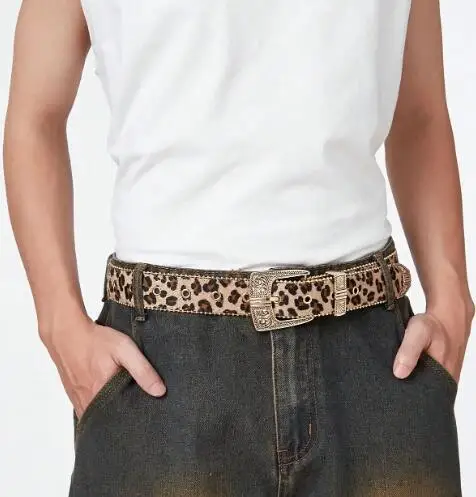 Men's Leopard Print Belt – Vintage Engraved Metal Buckle with Pearl Trim, Casual & Halloween Outfit Accessory (1PC)