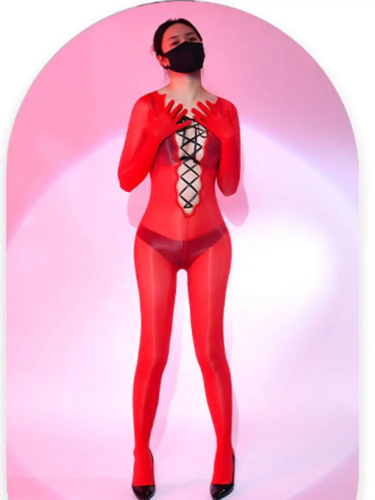 

Separate Finger Deep V-neck Bandage Shiny 8D Nylon Bodystocking Close Open Crotch Bodysuit Tights Sexy Conjoined Leotard Catsuit