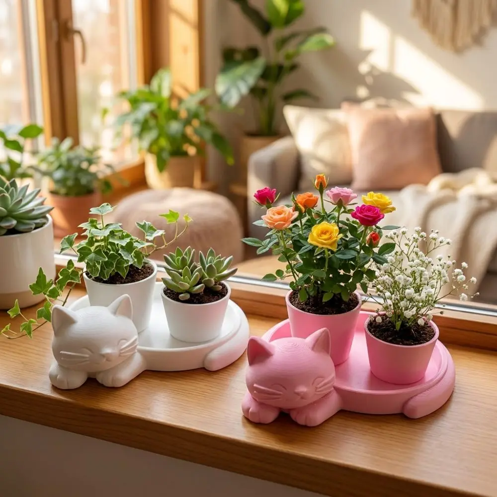3D Printed Cat-Shaped Flower Pot Cute Animal Lazy Cat Kitten Desktop Planter Novelty Plastic Succulent Vase Gardening Gift