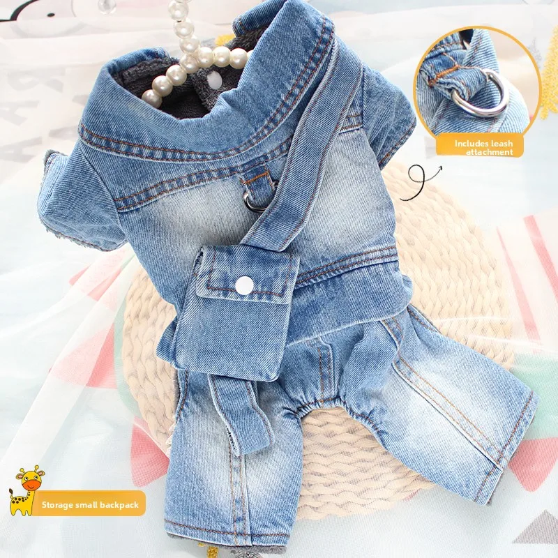 Fall Winter Denim Dog Backpack Four Legs Pet Clothes Warm Durable Breathable Teddy Bichon Small Dog Clothes Pulling Harness