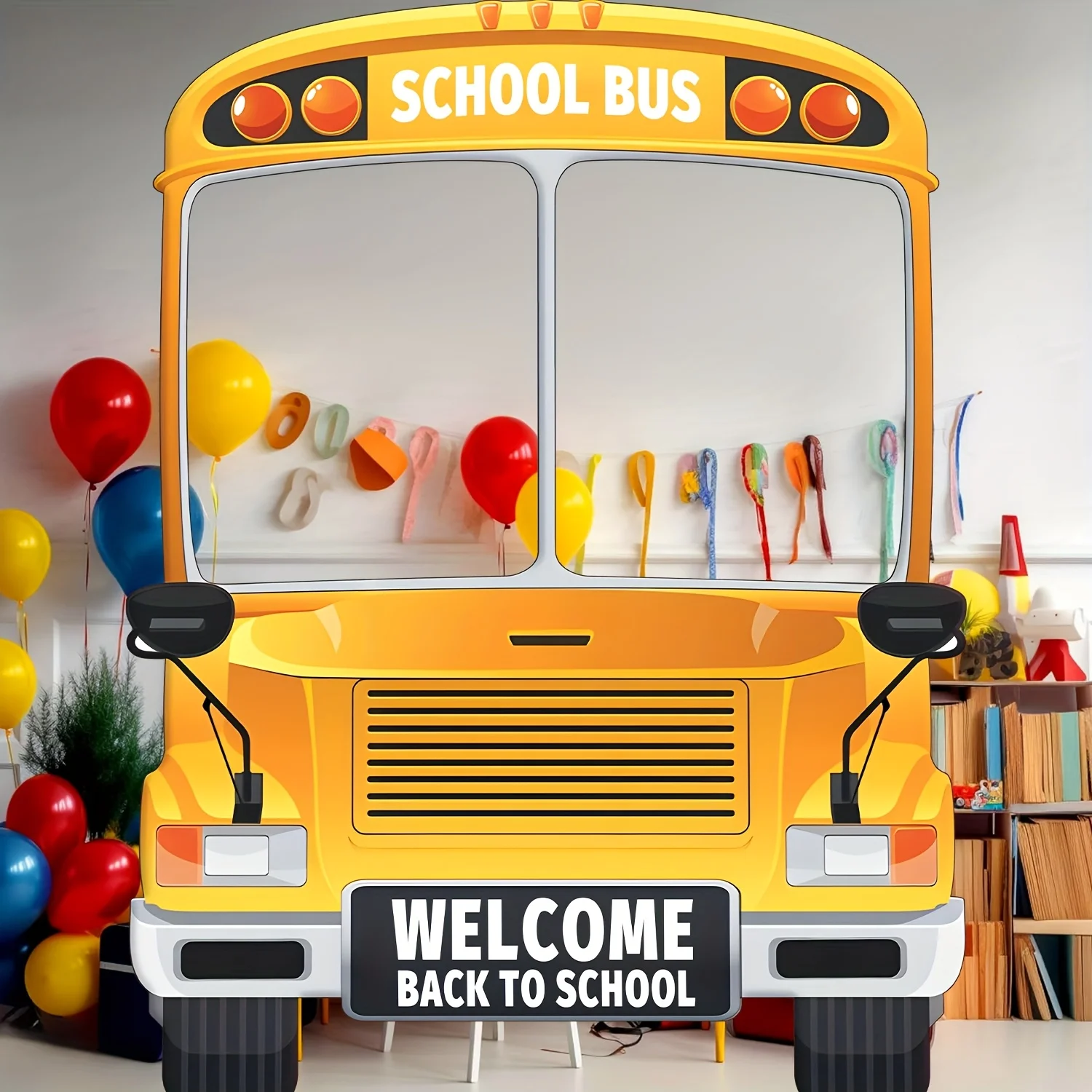 2D flat 1pc back-to-school season photography polyester banner, school bus theme photo props, selfie frame, banner, party view 3