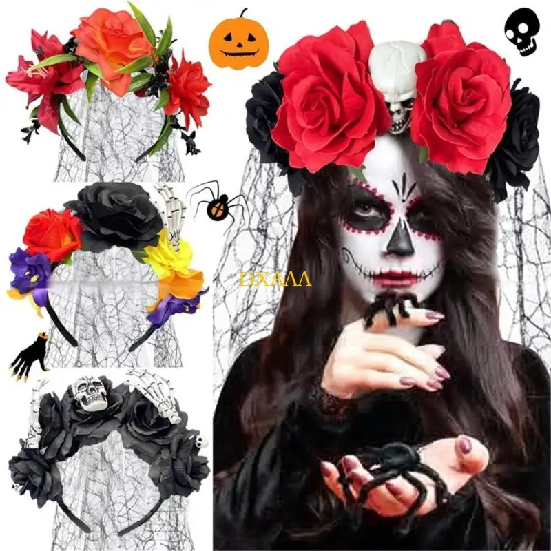 DXAA Halloween Skull Flower Veil Hairband Adult Kids Costume Event Hair Accessory