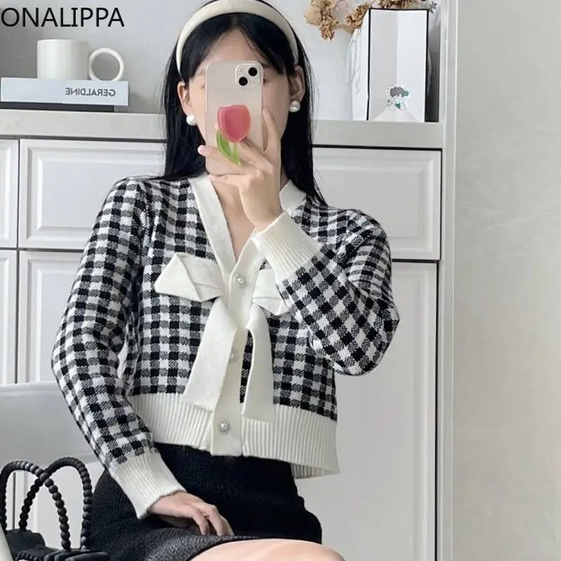 Onalippa Bow Contrast Plaid Knitted Cardigan Women V Neck All Match Cardigans Korean Celebrity Style Simple Design Loose Sweater