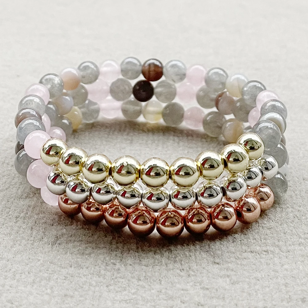 Ruberthen New Design 6 MM Botswana Agate Madagascar Rose Quartz Labradorite Mixed Bracelet Womens Cooper Beads Yoga Wrist Mala