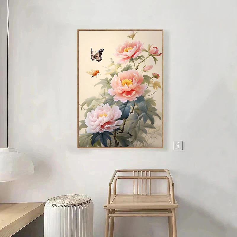 Chinese Style Peony Flowers Blossom Butterfly Bird Poster and Prints Canvas Printing Wall Art Picture for Living Room Home Decor