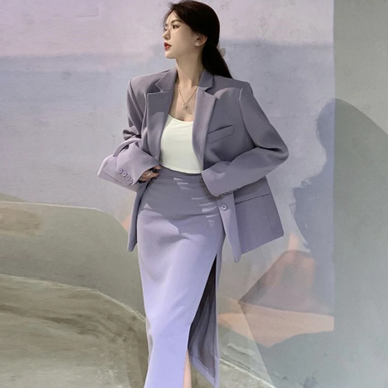 

Women Chic Purple Thin Blazer Skirts Two Piece Set Korean Office Lady Graceful Suit Jacket with Belt Split Wrap Hip Skirt Outfit