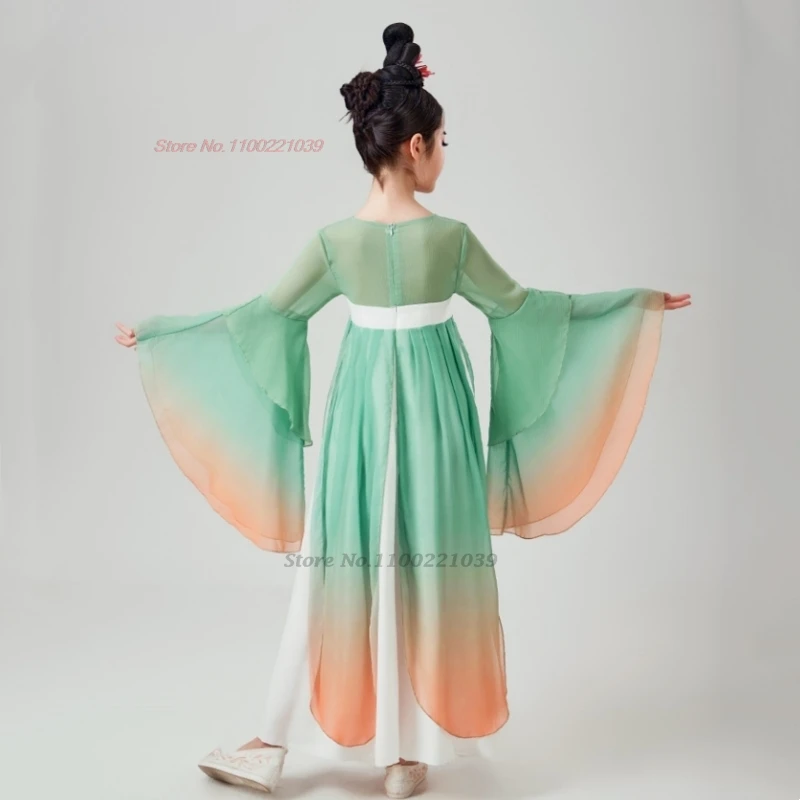 2025 chinese vintage children dance costume national flower embroidery gradient color hanfu dress stage performance folk dress