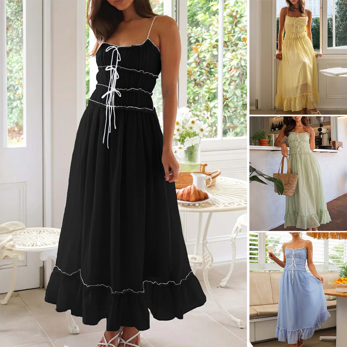

2025 Dress Women Female Clothing Spring Summer A-line Dress Casual Vacation Lace Splicing High Waist Halter Dresses for Women