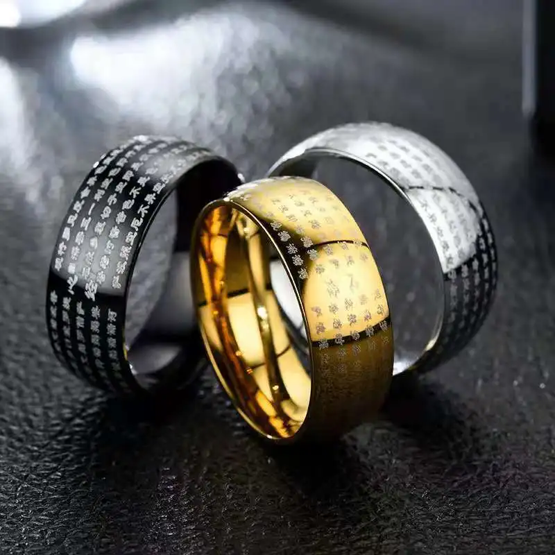 Men's 8MM Stainless Steel Religious Ring with Prayer Bible Design Retro Sanskrit Buddhist Charm Fashion Jewelry for Parties And