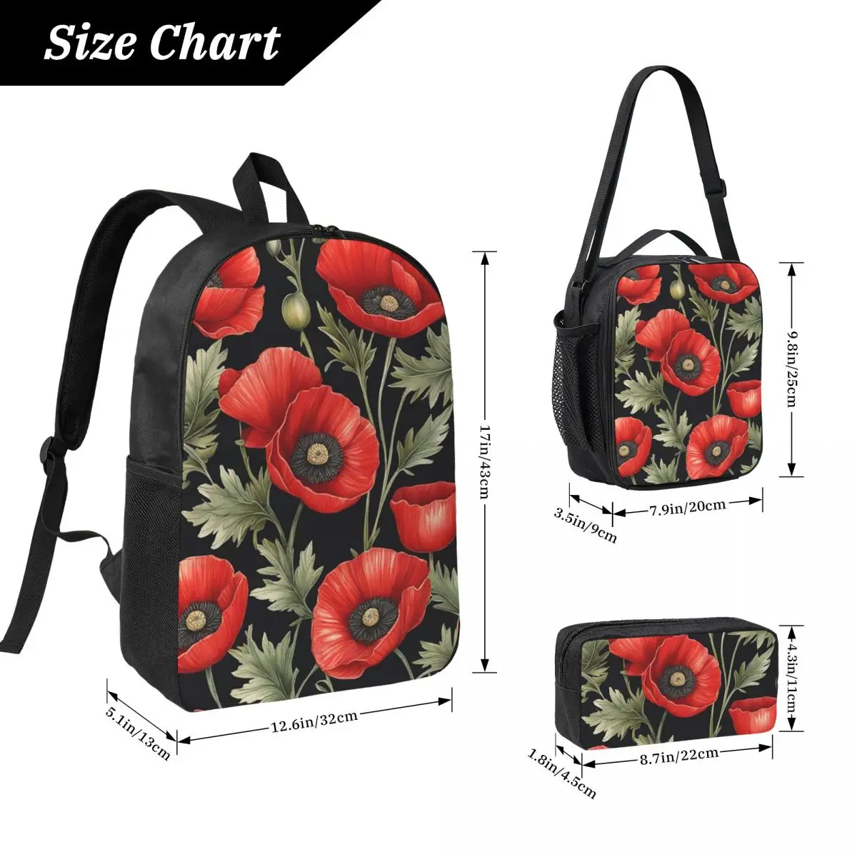 Poppy Flower And Plant Pattern Backpack Student BookBag School Bag Computer Shoulder Bags 3ps Insulated Lunch Bag Pencil Case