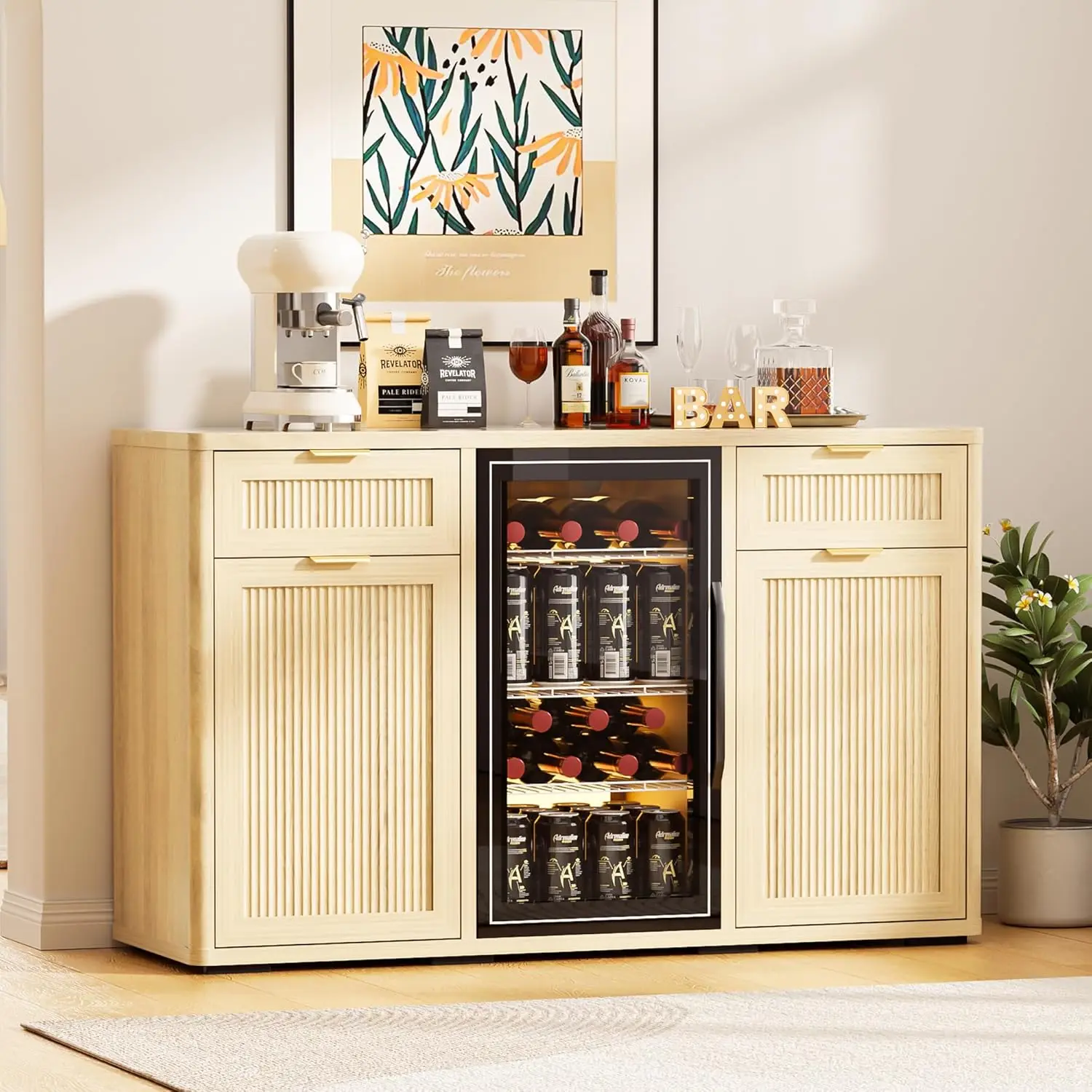 

Wine Bar Cabinet with Mini Fridge Space Liquor Coffee Hidden Trash Buffet Sideboard Living Kitchen Dining Room, Customized