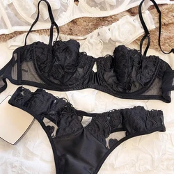 2 Pieces Sexy Ultra Thin 1/2 Cup Bra Underwear Set for Women Lace Embroidery Bras Black Hollow Breathable Intimates Lingerie