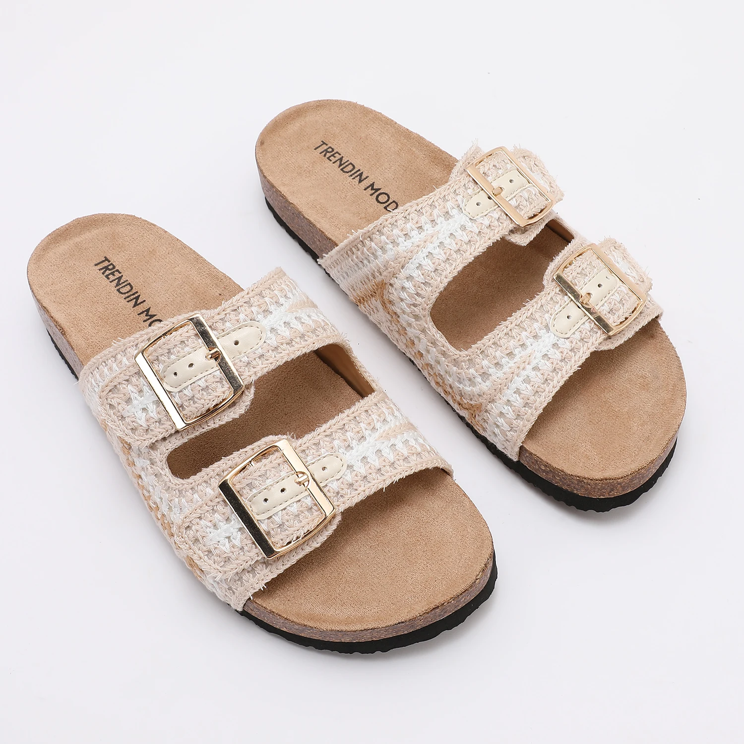 Leather Flat Sandals Cork Midsole Anti-slip Outsole Arch Support Comfortable to Wear Fashionable Woven Upper