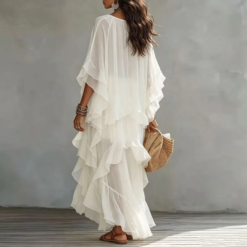 Women Layered Ruffle Maxi Dress Round Neck Batwing Flare Sleeve Loose Flowy Long Dress Bohemian Summer Beach Holiday Guest Dress