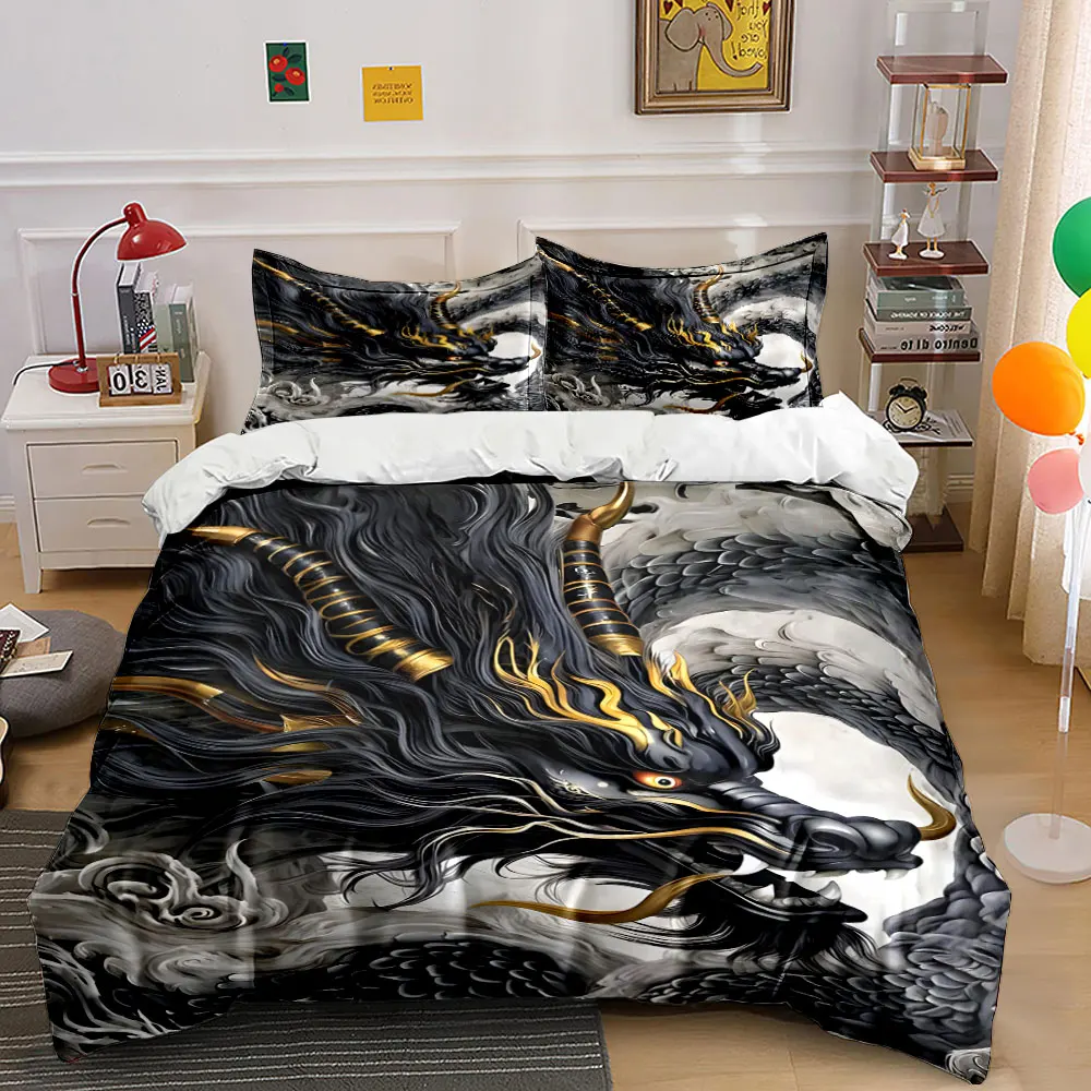 Roaring black dragon with golden horns Print Bedding Set 1 Duvet Cover 2 Pillowcases for Adult Children Luxury Gift Full Size