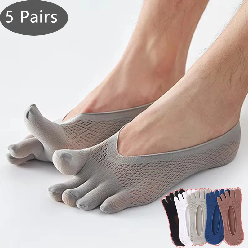 5 Pairs Summer Invisible No Show 5 Finger Socks Mens Thin Velvet Non-Slip Mesh Breathable Elastic Solid Silk Socks With Toes