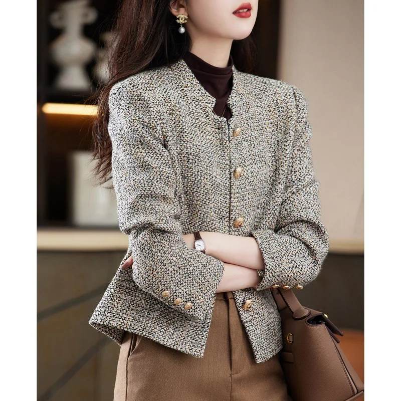 Grey tweed women jacket short Small Fragrant One-Piece spring / autumn / winter woolen coat new classic jacket Ladies